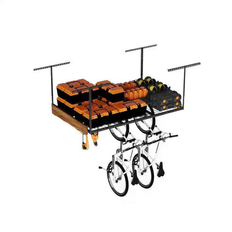 FLEXIMOUNTS OHK46B-E 4'x6' Overhead Garage Storage Ceiling Storage Rack with 8 Accessory Hooks Black: Steel Tote Rack, 450 lb Capacity