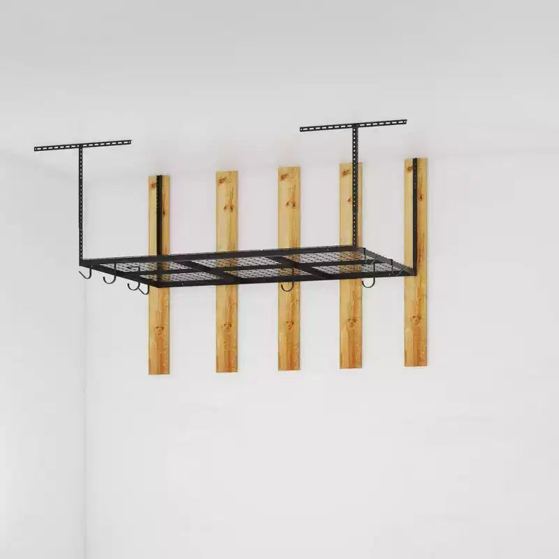 FLEXIMOUNTS OHK46B-E 4'x6' Overhead Garage Storage Ceiling Storage Rack with 8 Accessory Hooks Black: Steel Tote Rack, 450 lb Capacity