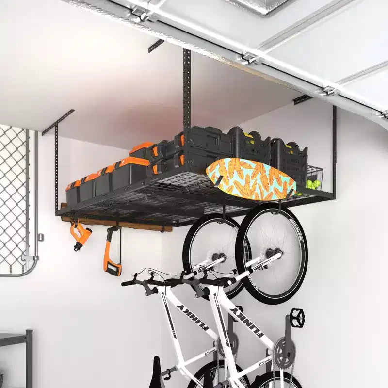 FLEXIMOUNTS OHK46B-E 4'x6' Overhead Garage Storage Ceiling Storage Rack with 8 Accessory Hooks Black: Steel Tote Rack, 450 lb Capacity