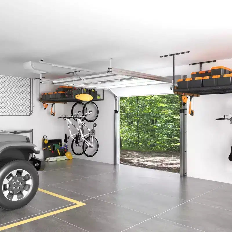 FLEXIMOUNTS OHK46B-E 4'x6' Overhead Garage Storage Ceiling Storage Rack with 8 Accessory Hooks Black: Steel Tote Rack, 450 lb Capacity