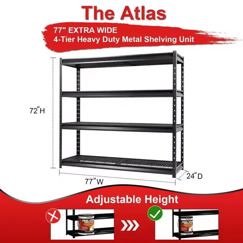 Atlas Shelving 4-Tier 77"x24"x72" 10000lbs Heavy Duty Steel Shelving Dark Gray: Adjustable Utility Storage, 2500lbs/Shelf Capacity