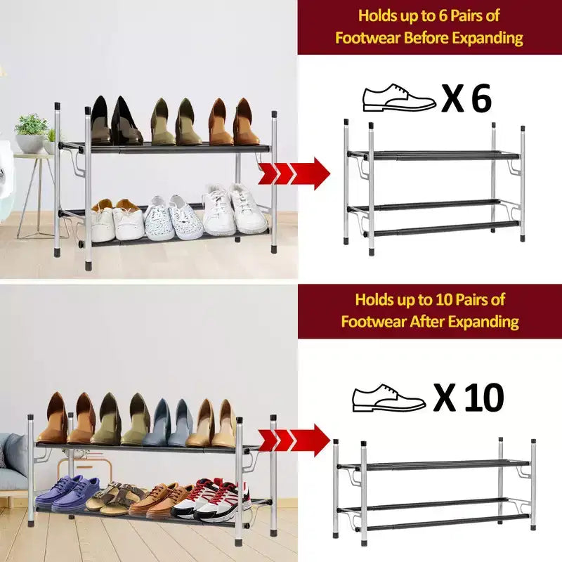 Range-chaussures USTECH à 2 niveaux argenté avec barres noires rugueuses