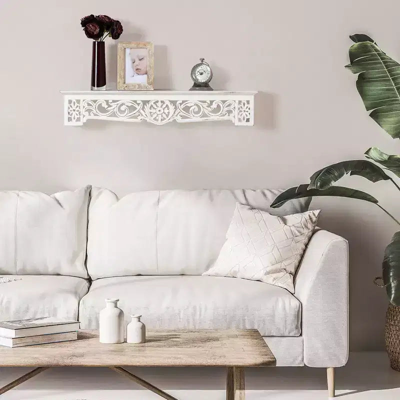 Brewster 30" Morris White Ledge Shelf: Bohemian Style MDF No Assembly Required Decorative Wall Shelf Set