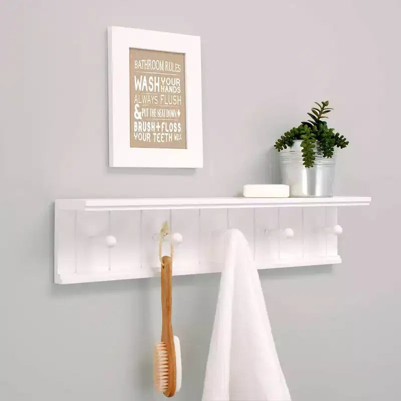 Kiera Grace 24"x4" Kian Wall Floating Shelf with 5 Pegs White: Integrated Display, MDF, Metal Hardware