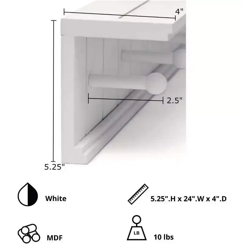 Kiera Grace 24"x4" Kian Wall Floating Shelf with 5 Pegs White: Integrated Display, MDF, Metal Hardware