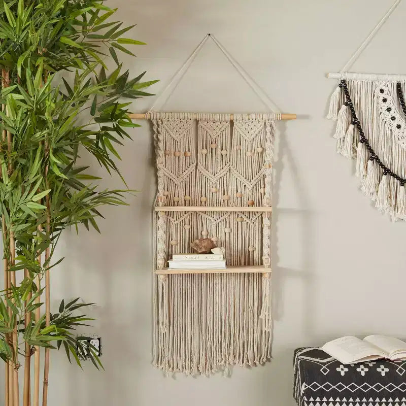 Olivia & May 49"X25" Cotton Fabric Macrame Handmade 2 Shelves Wall Shelf White