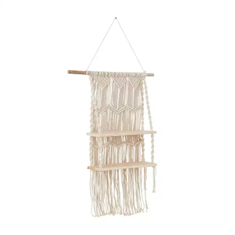Olivia & May 49"X25" Cotton Fabric Macrame Handmade 2 Shelves Wall Shelf White