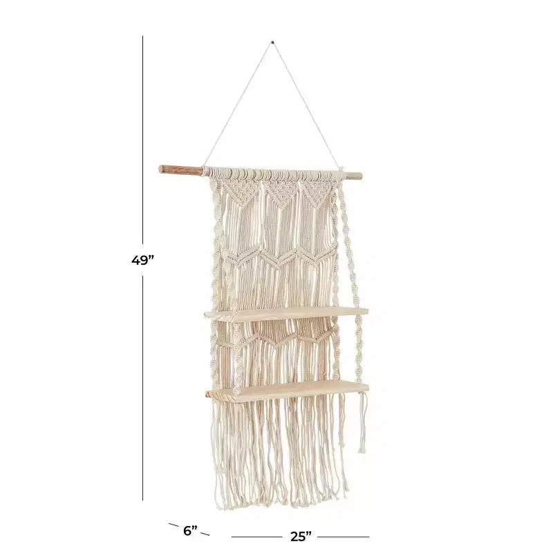 Olivia & May 49"X25" Cotton Fabric Macrame Handmade 2 Shelves Wall Shelf White