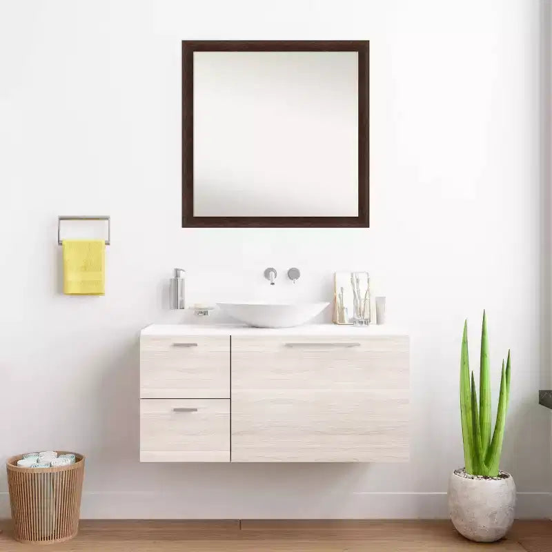 29"x29" Non-Beveled Narrow Wood Bathroom Wall Mirror Warm Walnut - Amanti Art: Modern Square, Wall Mount, Includes Hardware