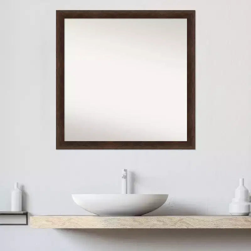 29"x29" Non-Beveled Narrow Wood Bathroom Wall Mirror Warm Walnut - Amanti Art: Modern Square, Wall Mount, Includes Hardware