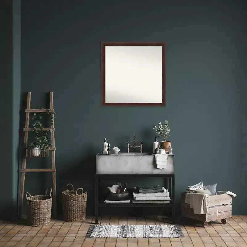 29"x29" Non-Beveled Narrow Wood Bathroom Wall Mirror Warm Walnut - Amanti Art: Modern Square, Wall Mount, Includes Hardware