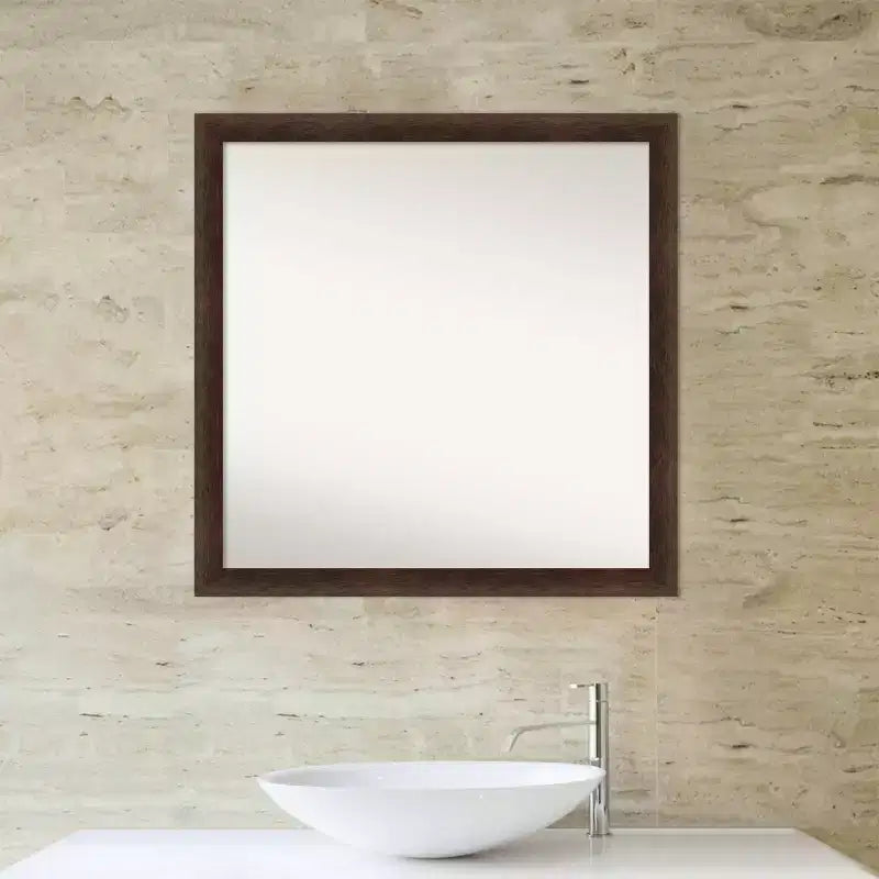 29"x29" Non-Beveled Narrow Wood Bathroom Wall Mirror Warm Walnut - Amanti Art: Modern Square, Wall Mount, Includes Hardware