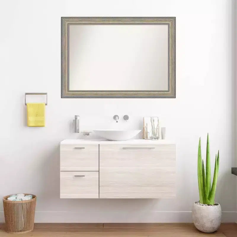 41"x29" Non-Beveled Wood Bathroom Wall Mirror Fleur Silver - Amanti Art: Modern Rectangular Design, Wall Mounted, Includes Hardware