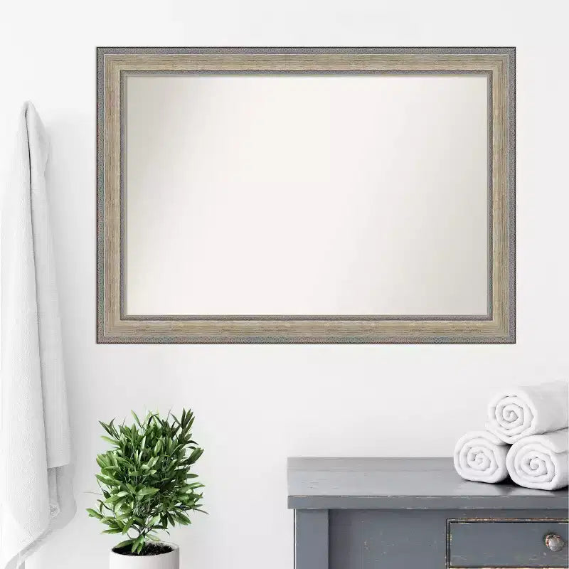 41"x29" Non-Beveled Wood Bathroom Wall Mirror Fleur Silver - Amanti Art: Modern Rectangular Design, Wall Mounted, Includes Hardware