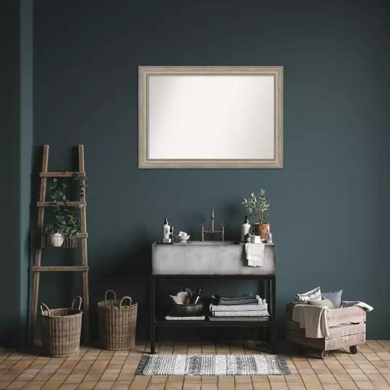 41"x29" Non-Beveled Wood Bathroom Wall Mirror Fleur Silver - Amanti Art: Modern Rectangular Design, Wall Mounted, Includes Hardware