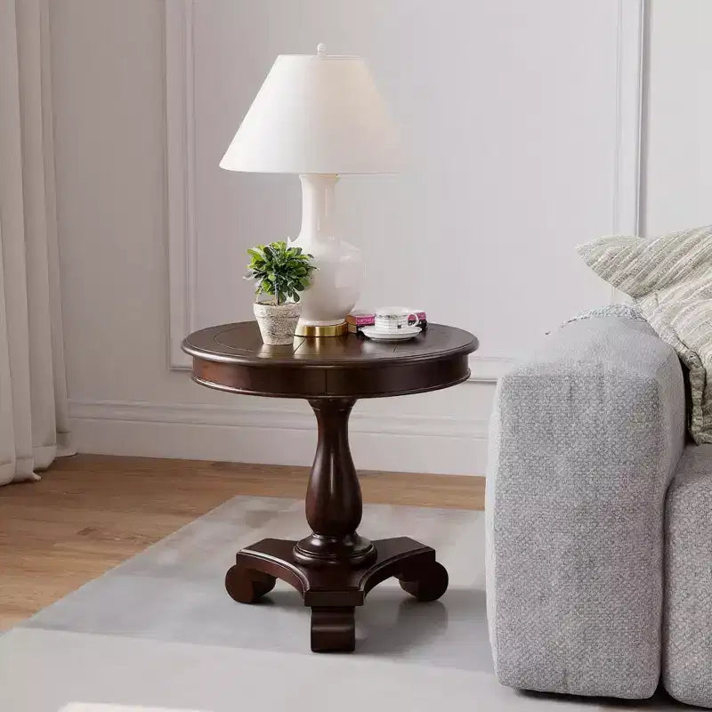 Rene Espresso Round Wood Pedestal Side Table