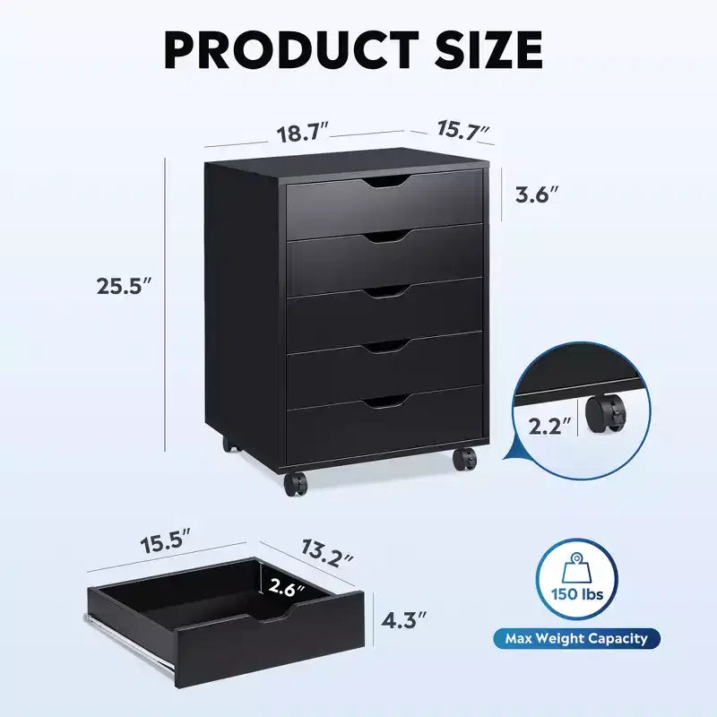 5-Drawer Chest, Wood Storage Dresser file Cabinet with Wheels