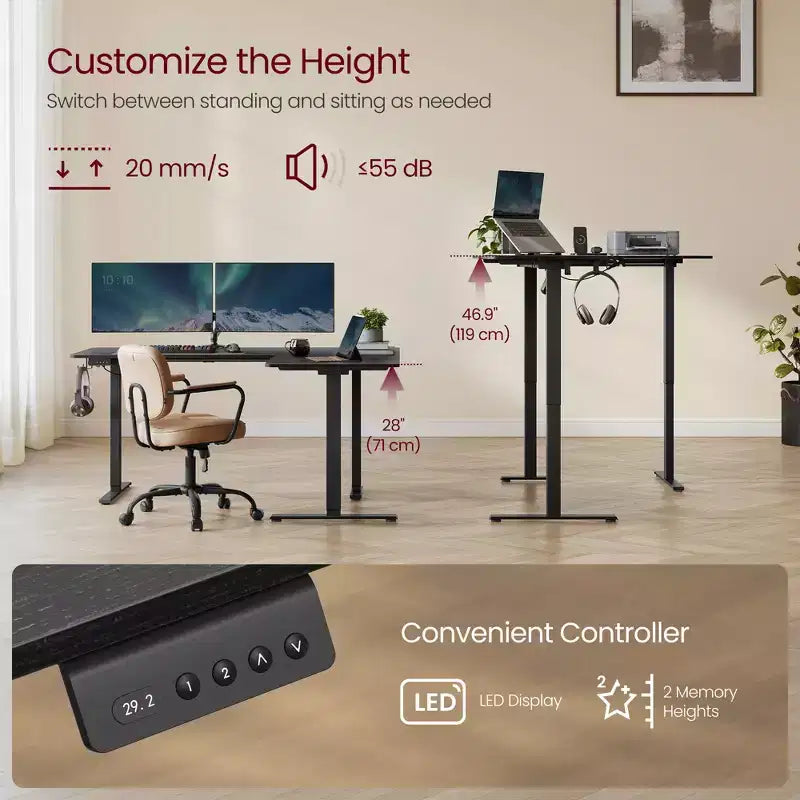L-Shaped Computer Desk, Corner Desk with Power Outlets, Height Adjustable Computer Desk, Gaming Desk, Memory Function
