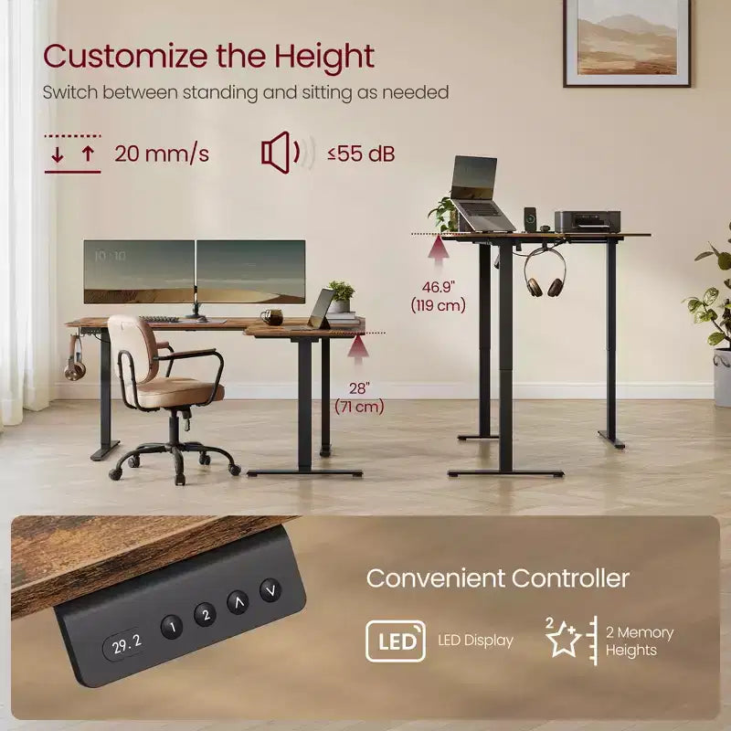 L-Shaped Computer Desk, Corner Desk with Power Outlets, Height Adjustable Computer Desk, Gaming Desk, Memory Function