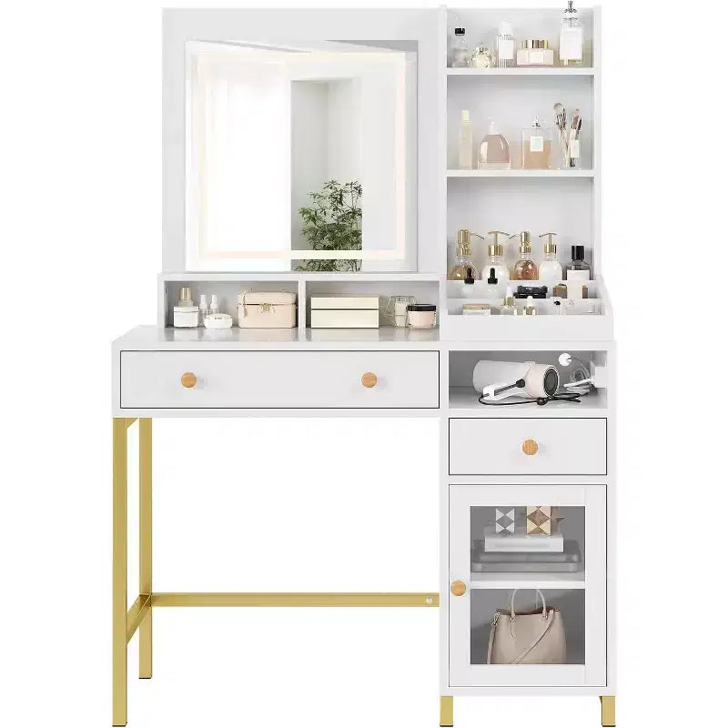 Makeup Vanity Desk with 3 Color Led Light, Makeup Vanity with Large Mirror and Power Outlet, Dressing Table with 2 Drawers White 55.9H