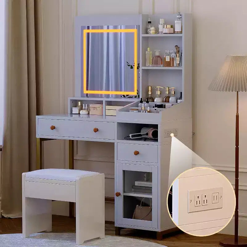 Makeup Vanity Desk with 3 Color Led Light, Makeup Vanity with Large Mirror and Power Outlet, Dressing Table with 2 Drawers White 55.9H