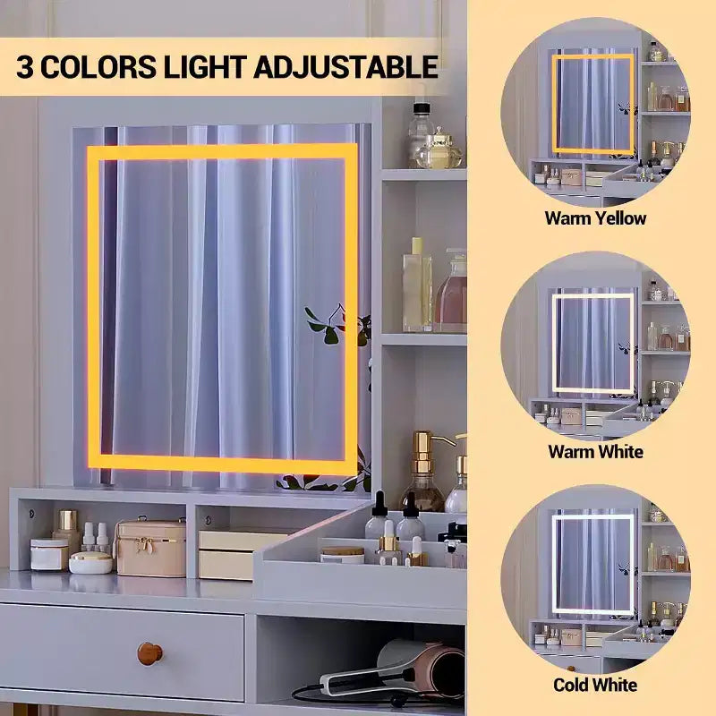 Makeup Vanity Desk with 3 Color Led Light, Makeup Vanity with Large Mirror and Power Outlet, Dressing Table with 2 Drawers White 55.9H