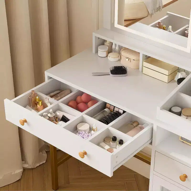 Makeup Vanity Desk with 3 Color Led Light, Makeup Vanity with Large Mirror and Power Outlet, Dressing Table with 2 Drawers White 55.9H