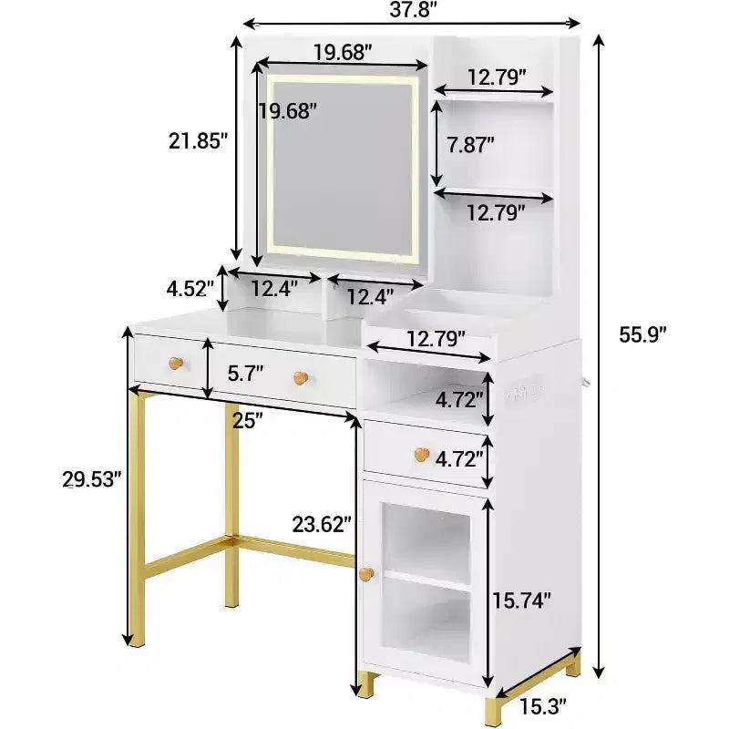 Makeup Vanity Desk with 3 Color Led Light, Makeup Vanity with Large Mirror and Power Outlet, Dressing Table with 2 Drawers White 55.9H