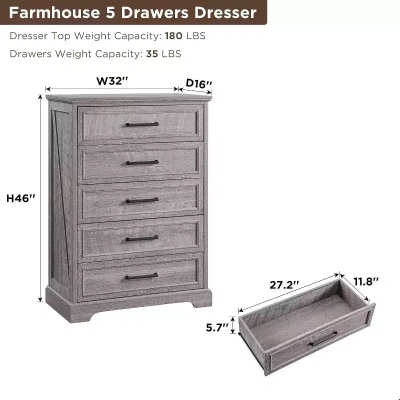 46 Farmhouse 5 Drawers Dresser for Bedroom, Tall Wood Chest of Drawers with Natural Texture for Bedroom, Living Room