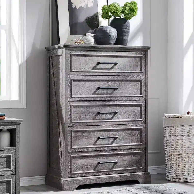 46 Farmhouse 5 Drawers Dresser for Bedroom, Tall Wood Chest of Drawers with Natural Texture for Bedroom, Living Room