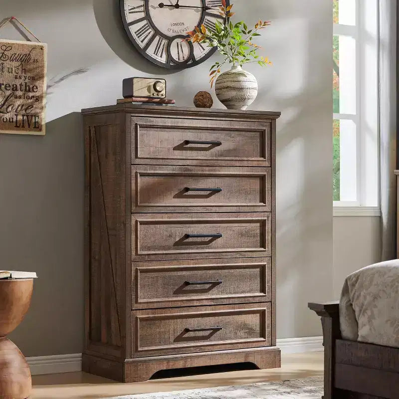 46 Farmhouse 5 Drawers Dresser for Bedroom, Tall Wood Chest of Drawers with Natural Texture for Bedroom, Living Room