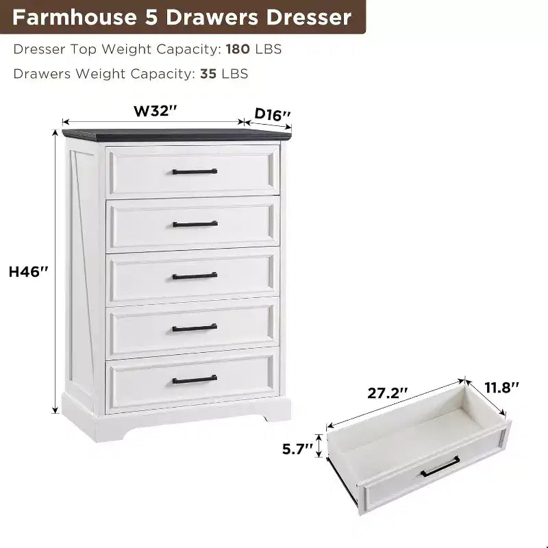 46 Farmhouse 5 Drawers Dresser for Bedroom, Tall Wood Chest of Drawers with Natural Texture for Bedroom, Living Room