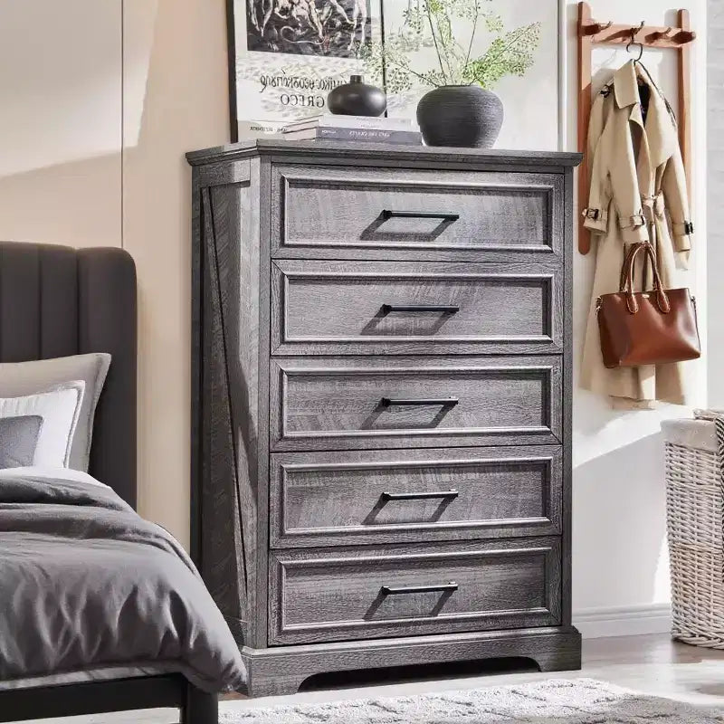 46 Farmhouse 5 Drawers Dresser for Bedroom, Tall Wood Chest of Drawers with Natural Texture for Bedroom, Living Room