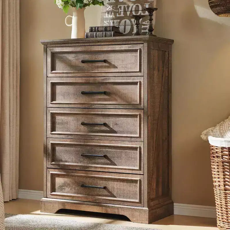 46 Farmhouse 5 Drawers Dresser for Bedroom, Tall Wood Chest of Drawers with Natural Texture for Bedroom, Living Room