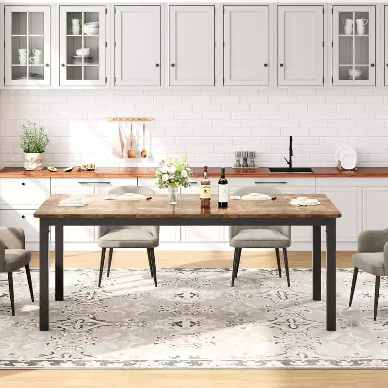 Whizmax Dining Table for 6-8 People, Rectangular Wood Kitchen Table with Strong Metal Frame, Industrial Large Long Dining Room Table for Big Family