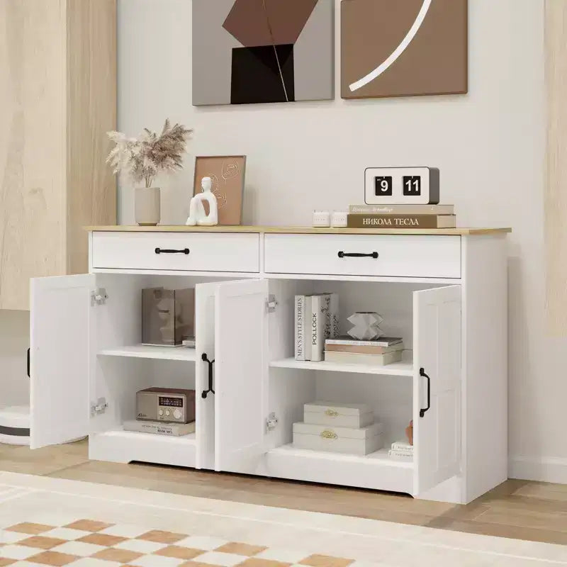 AndMakers White Wood 55.91 in. Sideboard with Shaker Style Design Doors