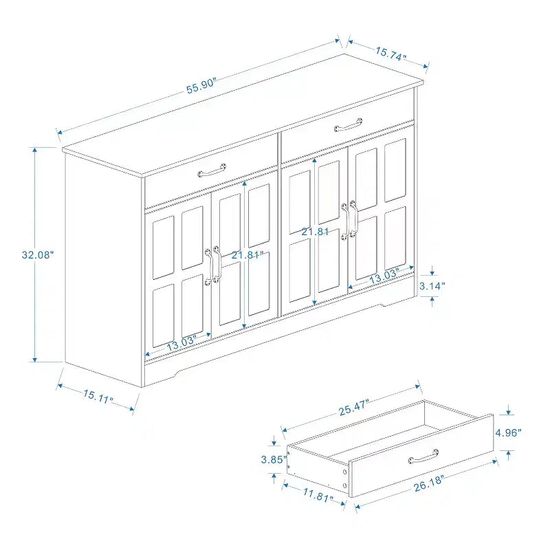 AndMakers White Wood 55.91 in. Sideboard with Shaker Style Design Doors