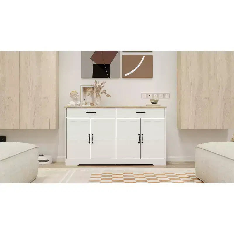 AndMakers White Wood 55.91 in. Sideboard with Shaker Style Design Doors