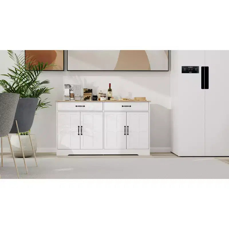 AndMakers White Wood 55.91 in. Sideboard with Shaker Style Design Doors