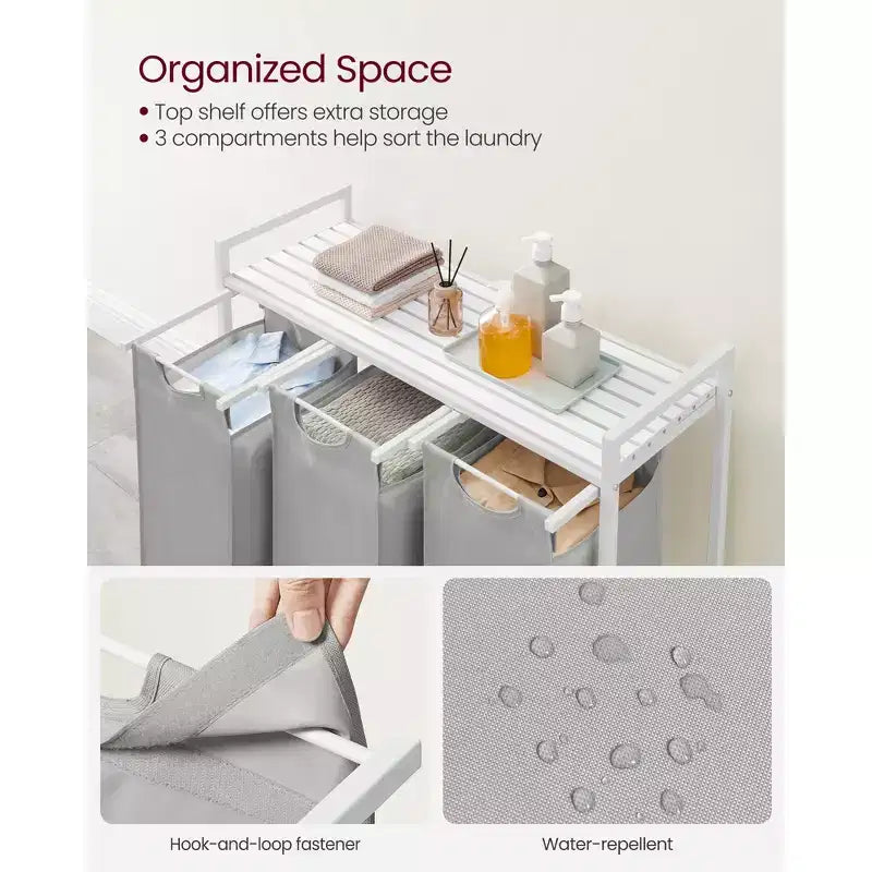 Laundry Hamper, Laundry Basket, Laundry Sorter with 3 Pull-Out and Removable Bags, Shelf, Metal Frame, 3 x 10 Gallons (38L)