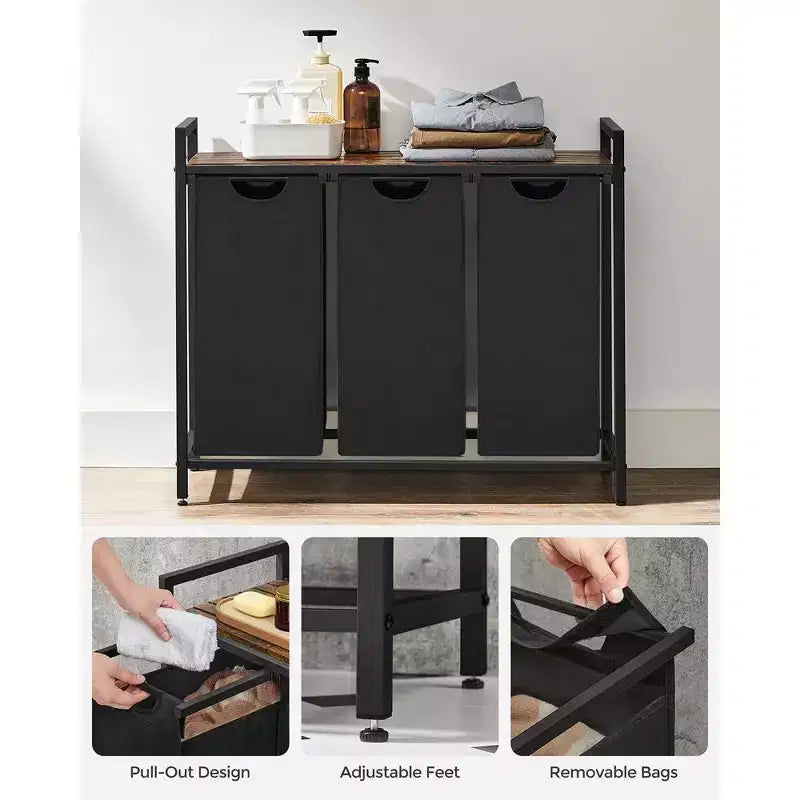 Laundry Hamper, Laundry Basket, Laundry Sorter with 3 Pull-Out and Removable Bags, Shelf, Metal Frame, 3 x 10 Gallons (38L)