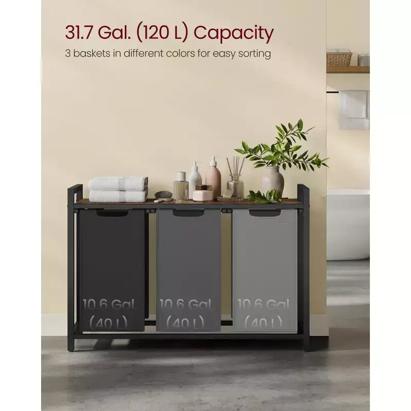 Laundry Hamper, Laundry Basket, Laundry Sorter with 3 Pull-Out and Removable Bags, Shelf, Metal Frame, 3 x 10 Gallons (38L)