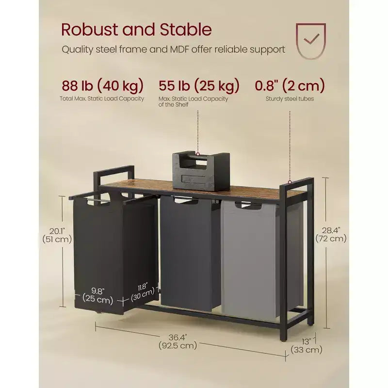 Laundry Hamper, Laundry Basket, Laundry Sorter with 3 Pull-Out and Removable Bags, Shelf, Metal Frame, 3 x 10 Gallons (38L)