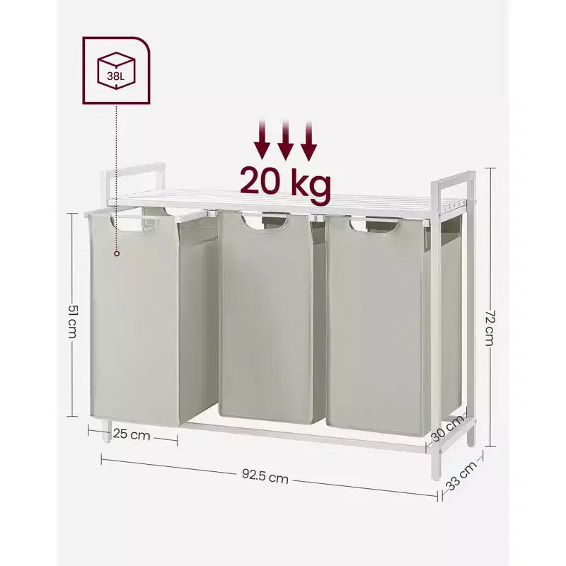 Laundry Hamper, Laundry Basket, Laundry Sorter with 3 Pull-Out and Removable Bags, Shelf, Metal Frame, 3 x 10 Gallons (38L)