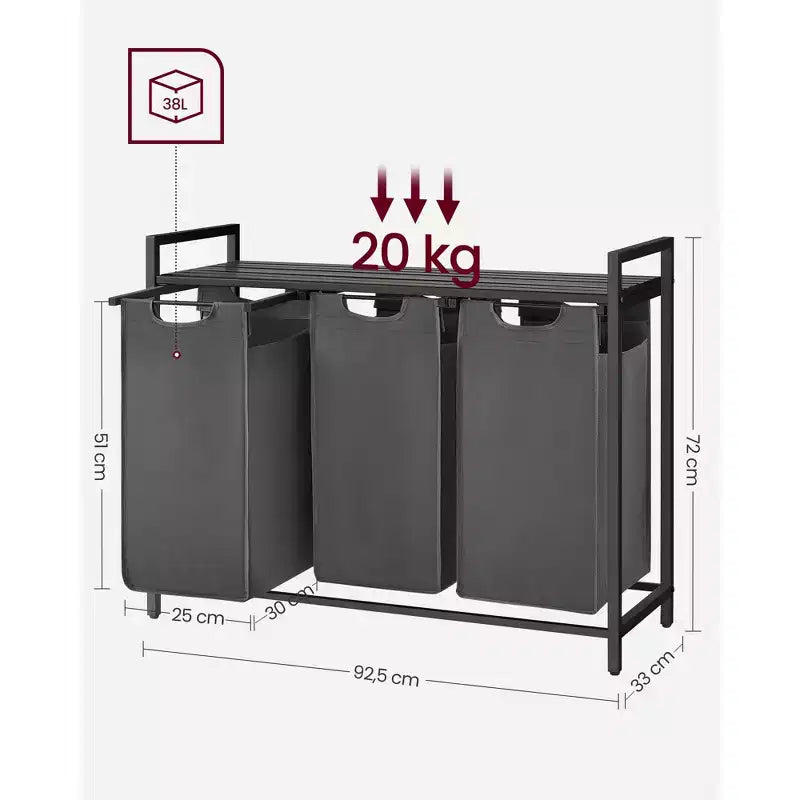 Laundry Hamper, Laundry Basket, Laundry Sorter with 3 Pull-Out and Removable Bags, Shelf, Metal Frame, 3 x 10 Gallons (38L)