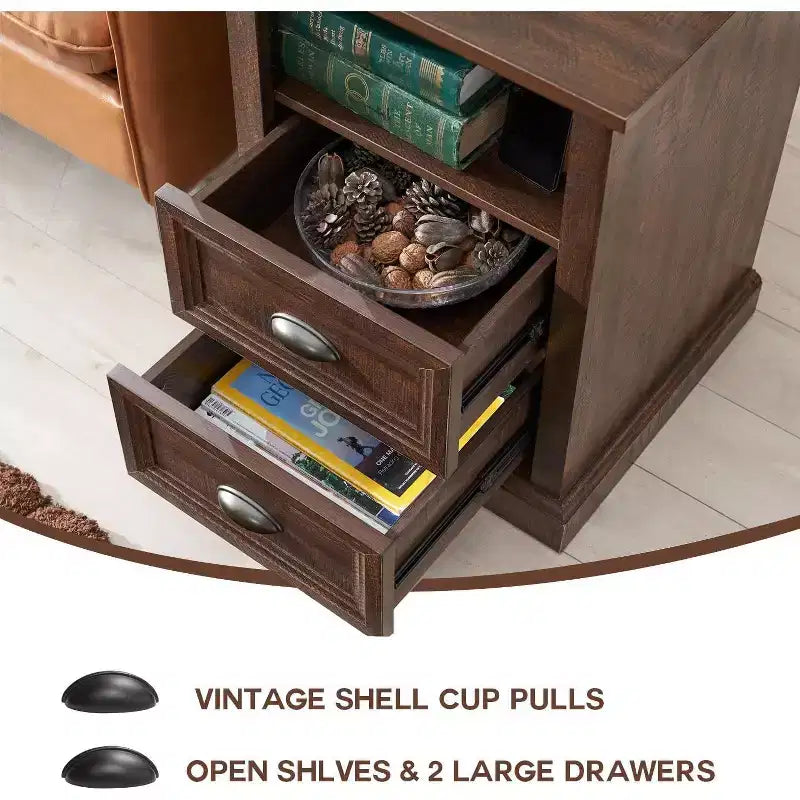 SinCiDo Nightstand with Charging Station & 2 Drawer, Farmhouse End Table for Bedroom, Living Room