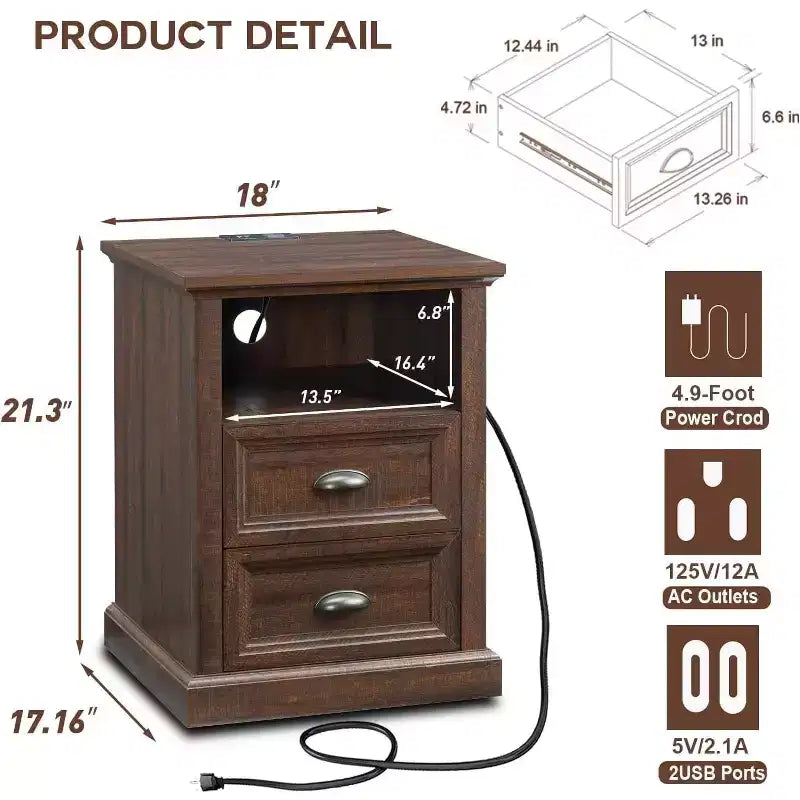 SinCiDo Nightstand with Charging Station & 2 Drawer, Farmhouse End Table for Bedroom, Living Room