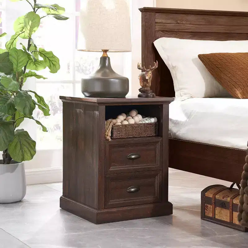 SinCiDo Nightstand with Charging Station & 2 Drawer, Farmhouse End Table for Bedroom, Living Room