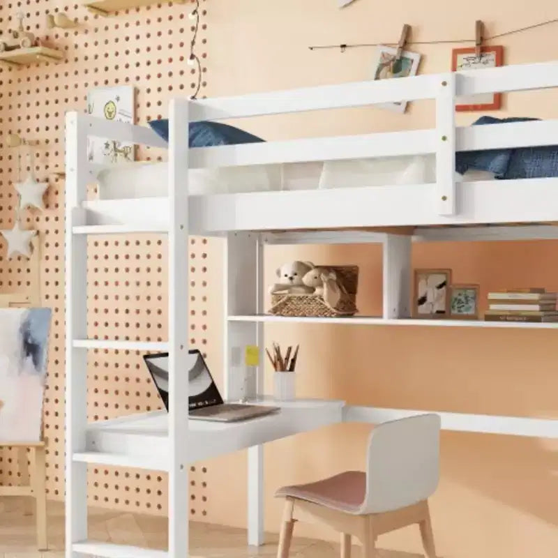 Durable Double-Level Loft Bed with Integrated Desk and Storage Shelf