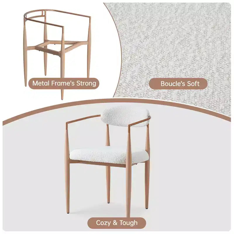Boucle Dining Chairs Set of 2, Modern Armchairs with Wood Grain Metal Legs for Kitchen, Living Room, Restaurant, Cafe - Morden Fort